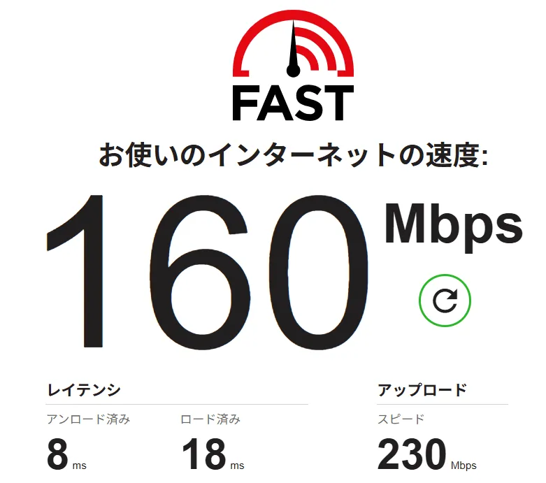 茨木市おにクルのコワーキングスペースでインターネット回線の速度を測定した結果の画面
