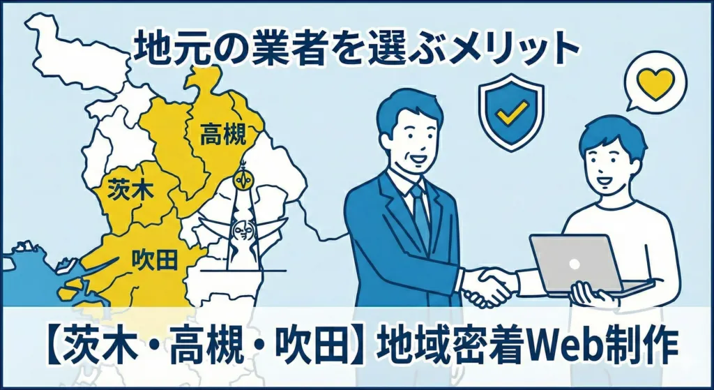 地元のビジネスオーナーとWeb制作者が笑顔で握手をしているイラスト。
