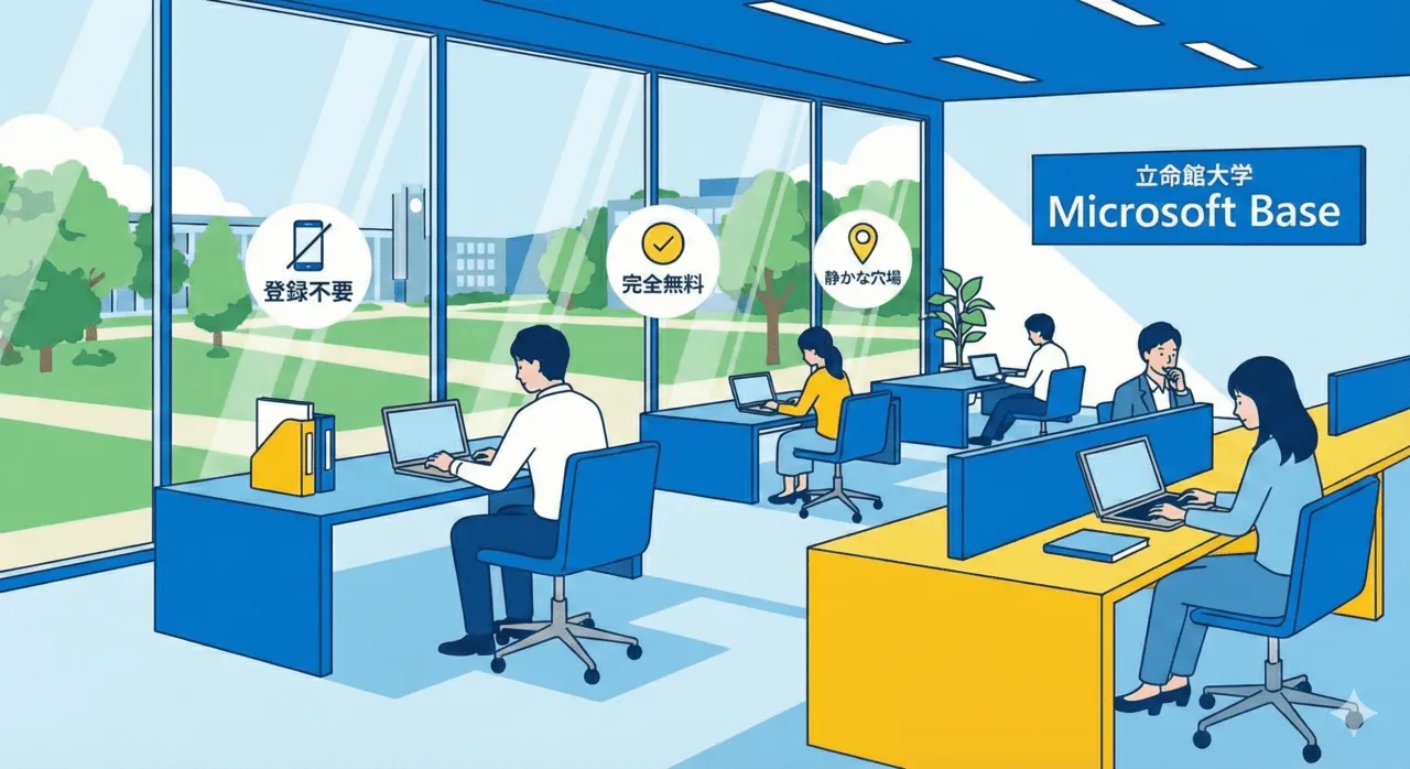 立命館大学大阪いばらきキャンパス内にあるMicrosoft Baseのイラスト。登録不要・完全無料で静かに作業できるコワーキングスペースの様子。