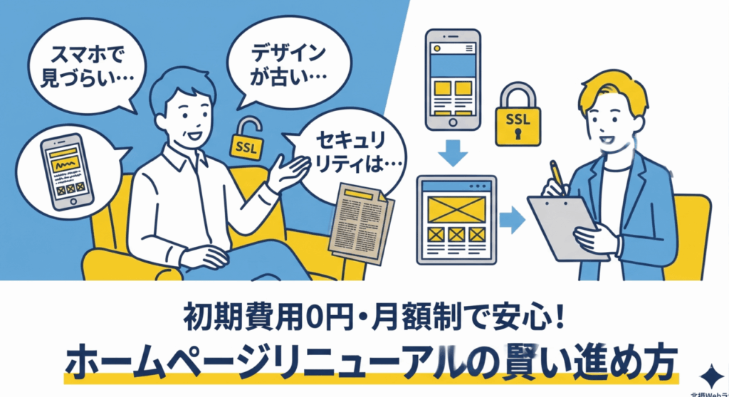 「初期費用0円・月額制で安心!ホームページリニューアルの賢い進め方」のアイキャッチ画像。スマホ対応やデザインの古さ、セキュリティに悩む経営者が、Webのプロに相談しているイラスト。