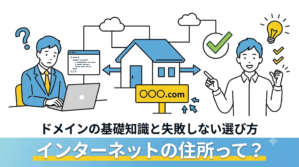 スカイブルー、イエロー、ホワイトを基調とした、シンプルな線画のフラットイラスト。画面中央には「〇〇〇.com」の看板がある家のアイコンがあり、インターネット上の住所であることを表現しています。