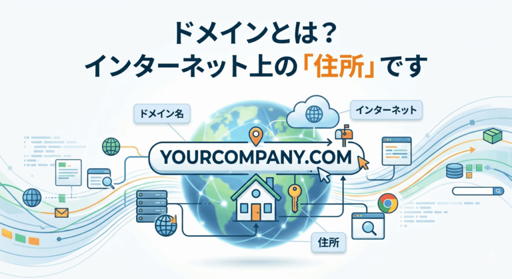 地球とネットワーク、家が描かれたイラストの上に、「ドメインとは?インターネット上の『住所』です」と書かれています。