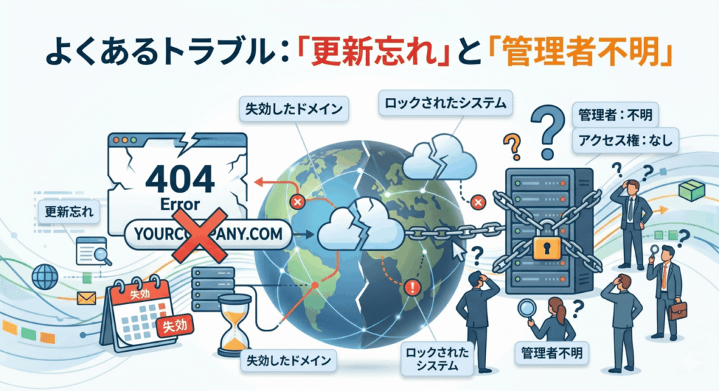 イラストの背景に「よくあるトラブル:『更新忘れ』と『管理者不明』」の文字が描かれています。中央にはエラーが表示されバツ印がついたドメイン名「YOURCOMPANY.COM」と、チェーンでロックされたサーバー、そして頭を抱えて悩む人物たちのイラストが描かれています。