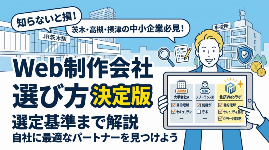 Web制作会社の選び方を解説するアイキャッチ画像。タブレットで制作会社(大手、フリーランス、北摂Webラボ)の比較リストを見る男性と、背景にJR茨木駅、