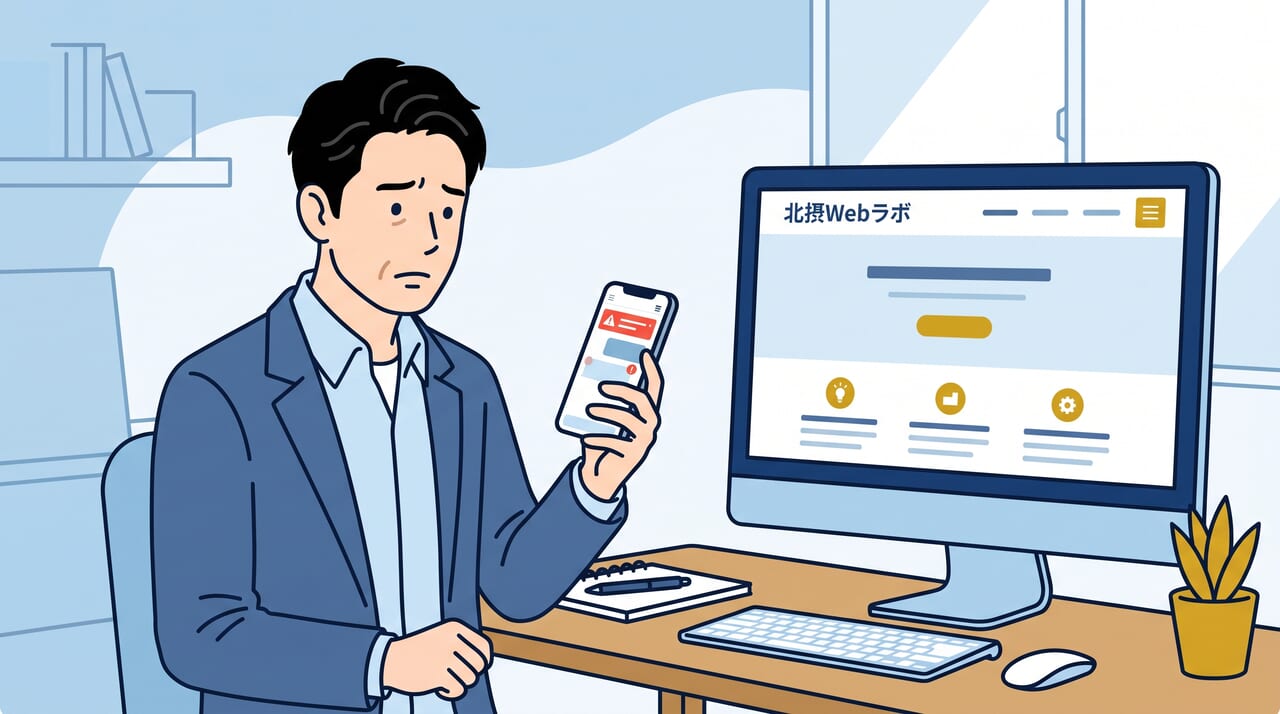 スマートフォンを使ったSNS集客に悩むビジネスパーソンと、安定した自社Webサイト（PCモニター）を対比したビジネス向けイラスト